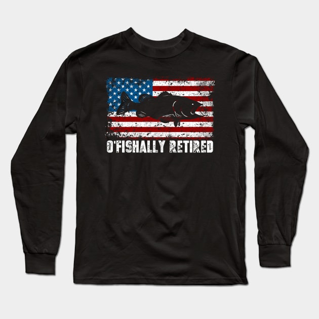 Funny O'Fishally Retired Fishing USA Flag Long Sleeve T-Shirt by RadStar